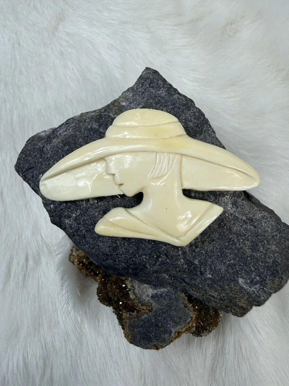 Vintage Carved Celluloid Woman in Hat Brooch 1.75